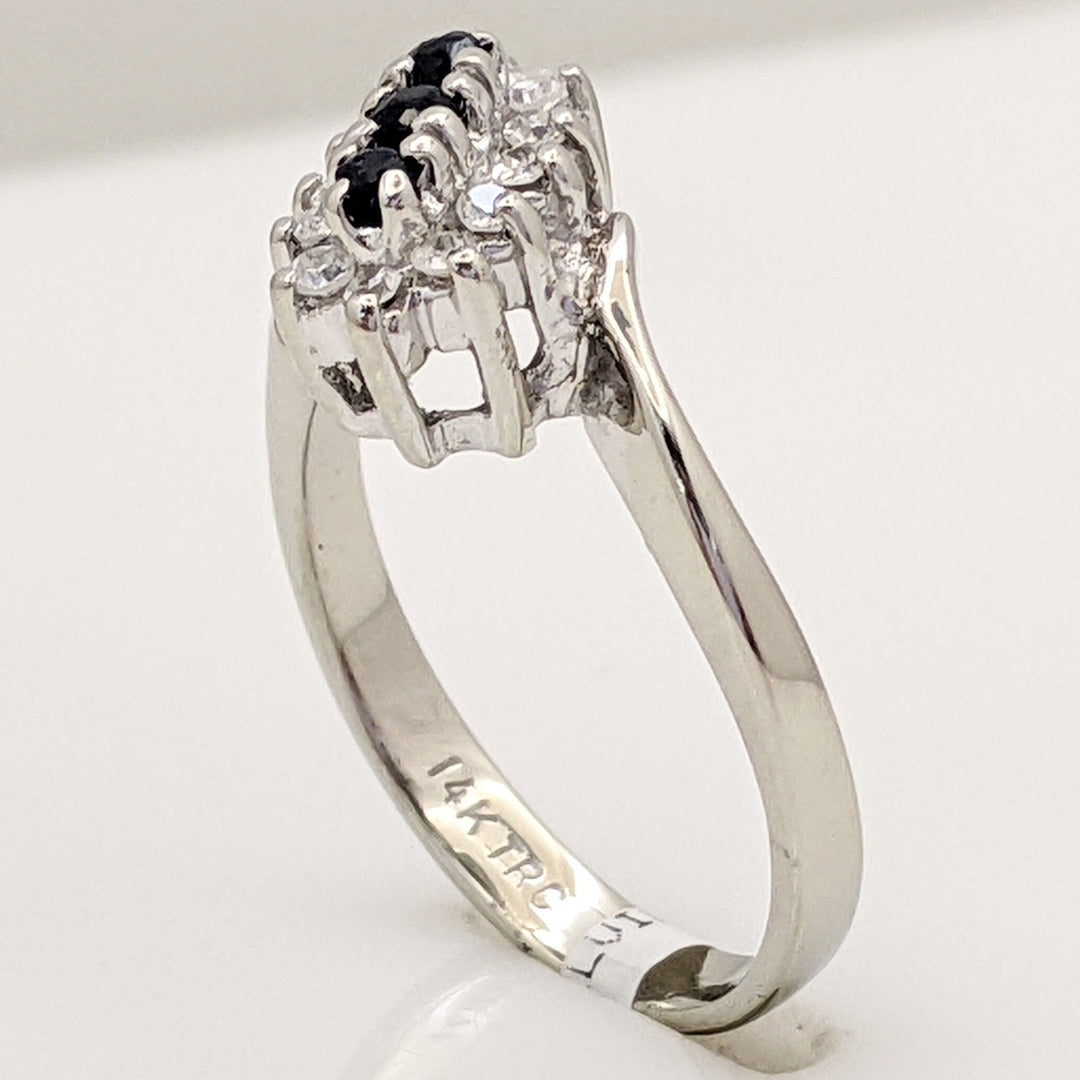 14K WHITE SAPPHIRE ROUND (3) WITH (12) MELEE ESTATE CLUSTER RING 2.3 GRAMS