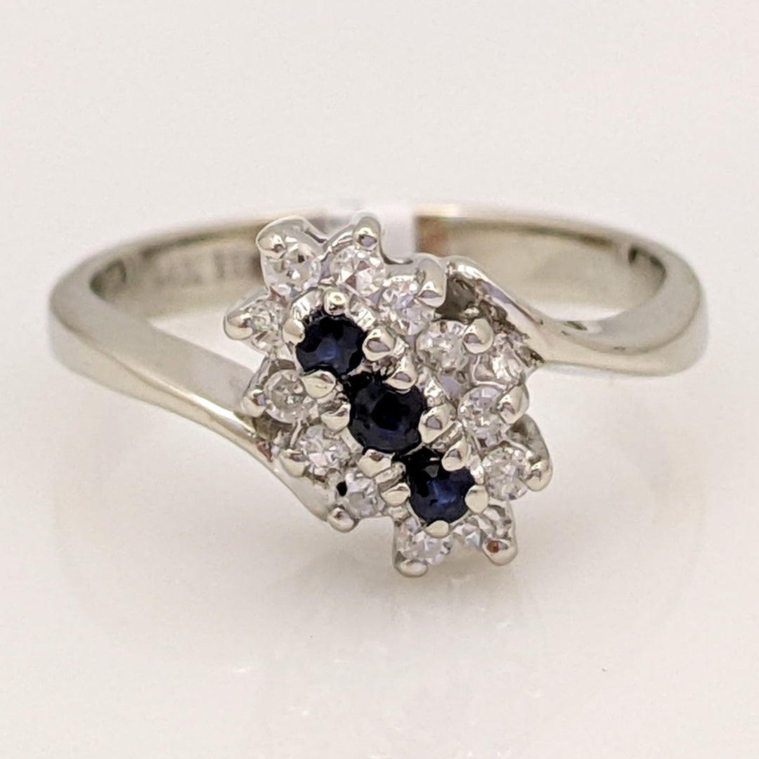 14K WHITE SAPPHIRE ROUND (3) WITH (12) MELEE ESTATE CLUSTER RING 2.3 GRAMS