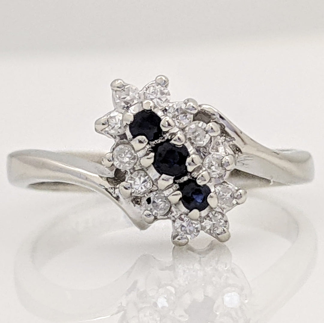 14K WHITE SAPPHIRE ROUND (3) WITH (12) MELEE ESTATE CLUSTER RING 2.3 GRAMS