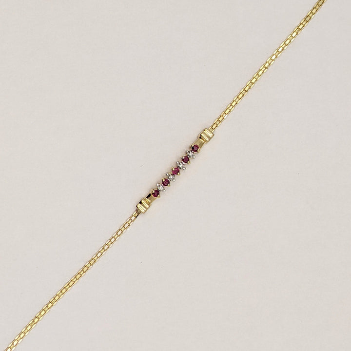 14K RUBY ROUND (5) 2MM WITH (4) MELEE ESTATE BRACELET 3.1 GRAMS