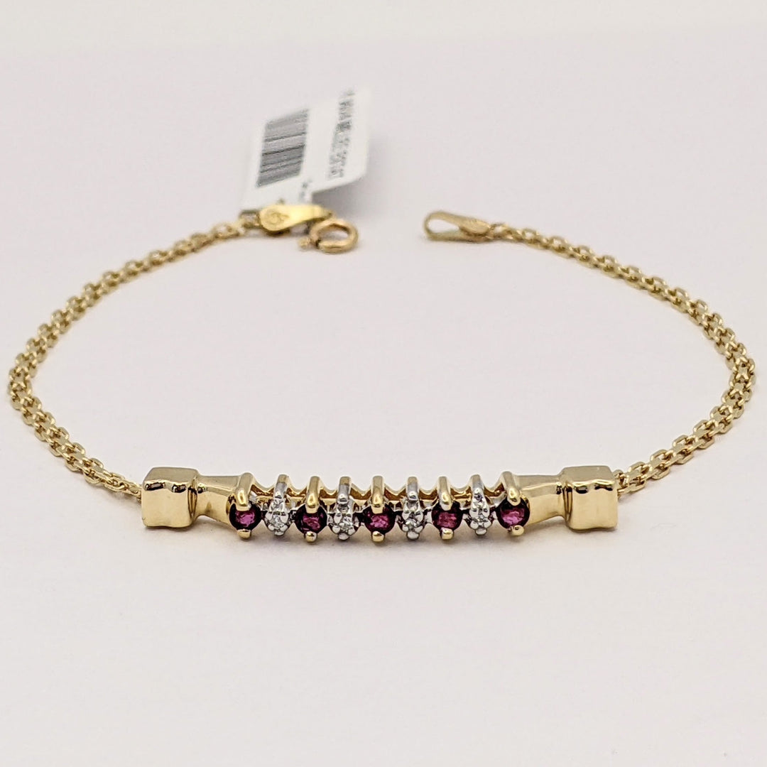 14K RUBY ROUND (5) 2MM WITH (4) MELEE ESTATE BRACELET 3.1 GRAMS