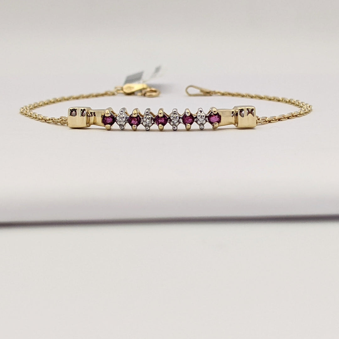 14K RUBY ROUND (5) 2MM WITH (4) MELEE ESTATE BRACELET 3.1 GRAMS