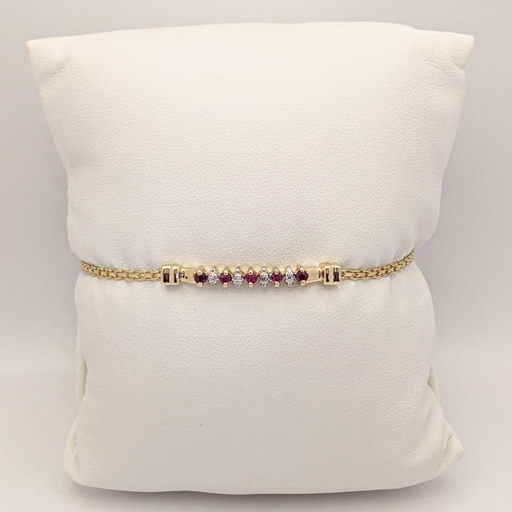 14K RUBY ROUND (5) 2MM WITH (4) MELEE ESTATE BRACELET 3.1 GRAMS