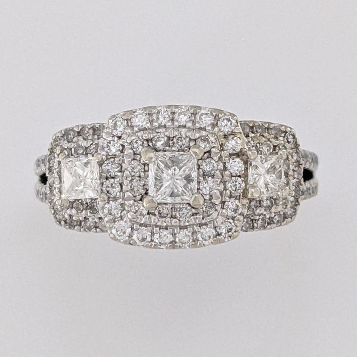 14K WHITE .95 CARAT TOTAL WEIGHT SI2 H DIAMOND PRINCESS CUT (3) ROUND (89) TRINITY HALO ESTATE RING 4.5 GRAMS