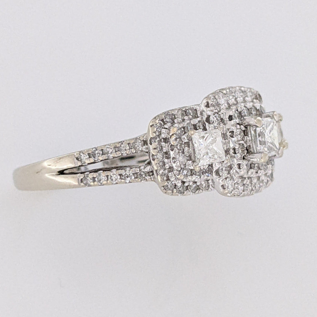 14K WHITE .95 CARAT TOTAL WEIGHT SI2 H DIAMOND PRINCESS CUT (3) ROUND (89) TRINITY HALO ESTATE RING 4.5 GRAMS