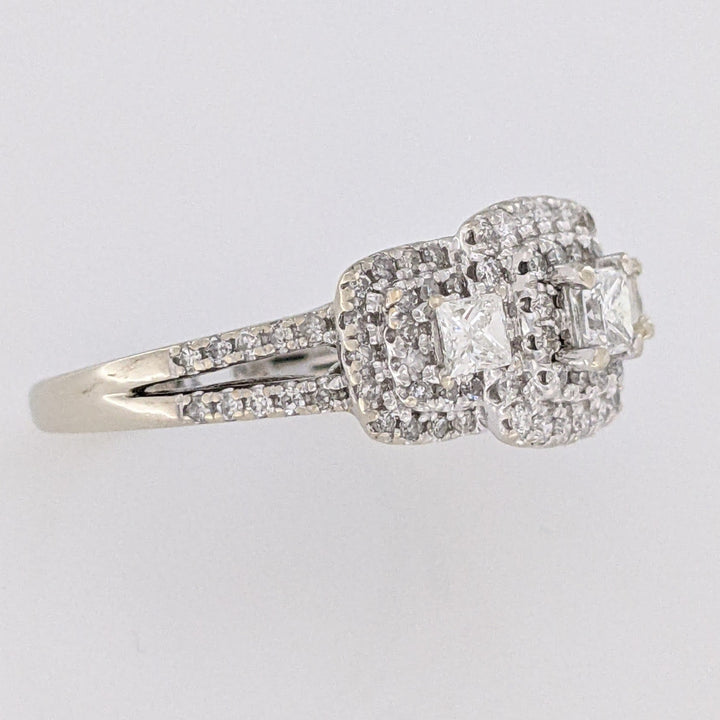 14K WHITE .95 CARAT TOTAL WEIGHT SI2 H DIAMOND PRINCESS CUT (3) ROUND (89) TRINITY HALO ESTATE RING 4.5 GRAMS