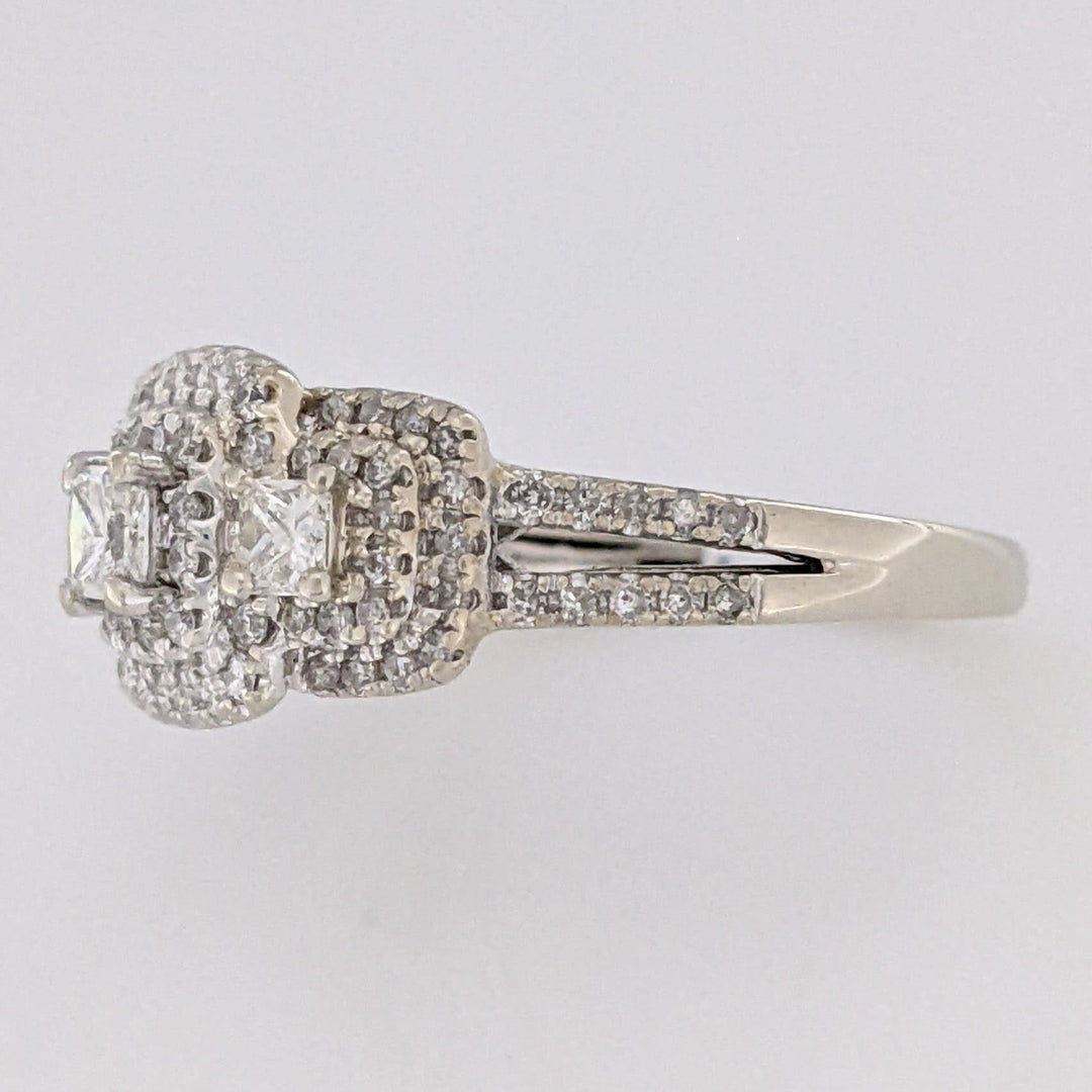 14K WHITE .95 CARAT TOTAL WEIGHT SI2 H DIAMOND PRINCESS CUT (3) ROUND (89) TRINITY HALO ESTATE RING 4.5 GRAMS