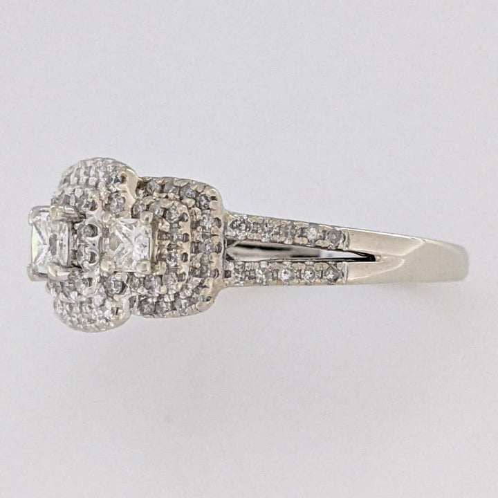 14K WHITE .95 CARAT TOTAL WEIGHT SI2 H DIAMOND PRINCESS CUT (3) ROUND (89) TRINITY HALO ESTATE RING 4.5 GRAMS