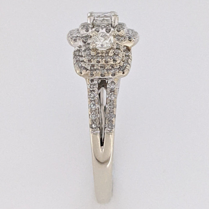 14K WHITE .95 CARAT TOTAL WEIGHT SI2 H DIAMOND PRINCESS CUT (3) ROUND (89) TRINITY HALO ESTATE RING 4.5 GRAMS
