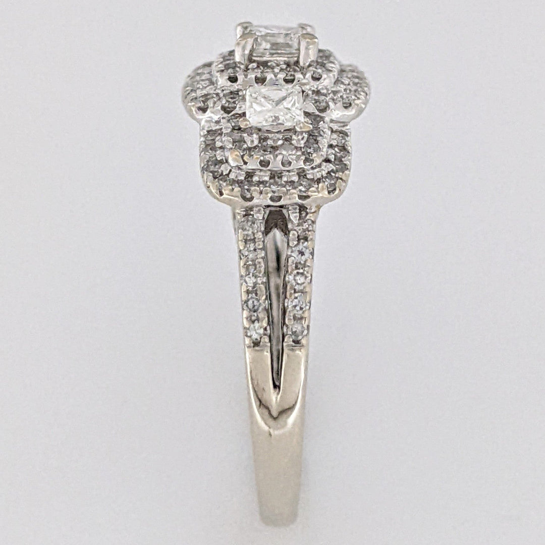 14K WHITE .95 CARAT TOTAL WEIGHT SI2 H DIAMOND PRINCESS CUT (3) ROUND (89) TRINITY HALO ESTATE RING 4.5 GRAMS