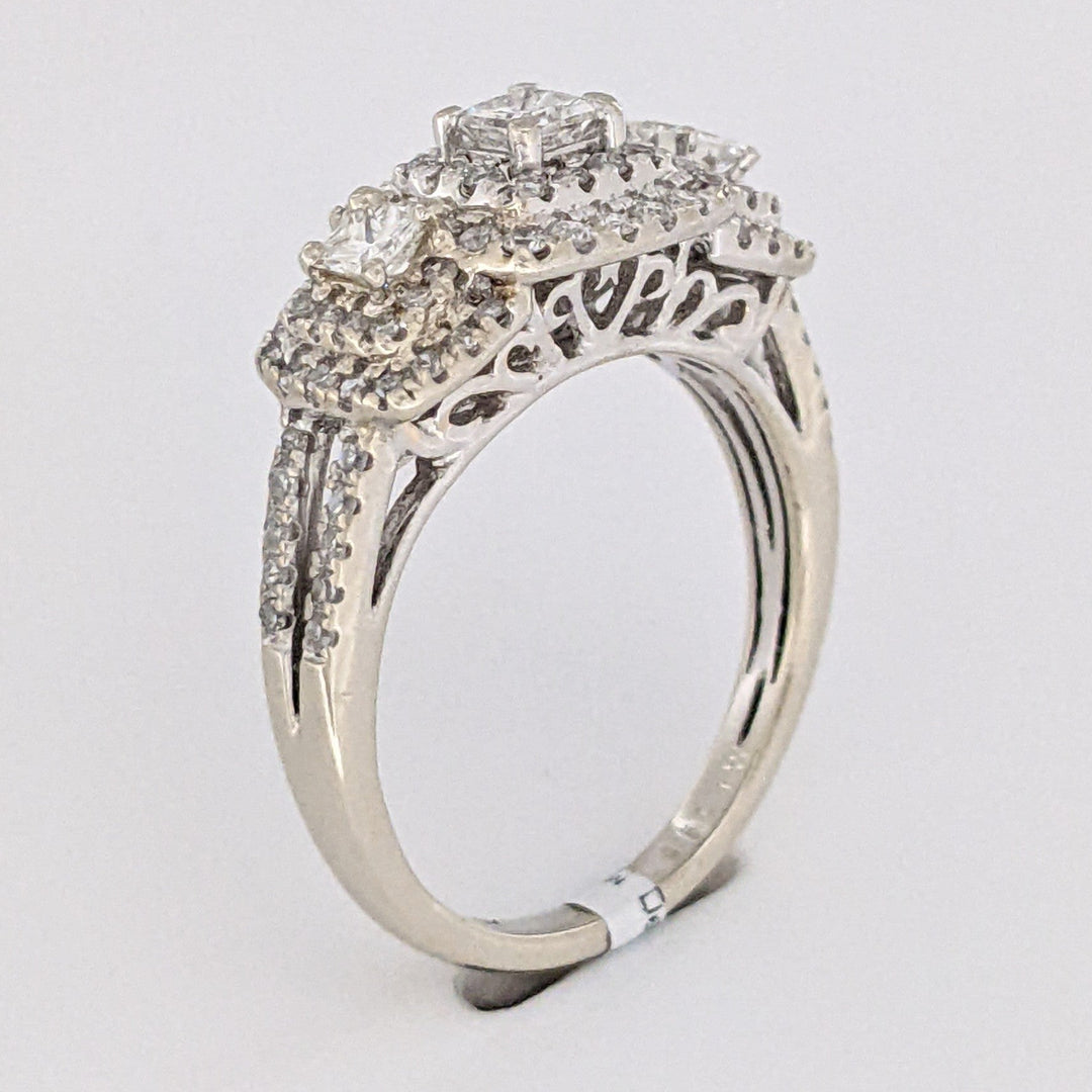 14K WHITE .95 CARAT TOTAL WEIGHT SI2 H DIAMOND PRINCESS CUT (3) ROUND (89) TRINITY HALO ESTATE RING 4.5 GRAMS