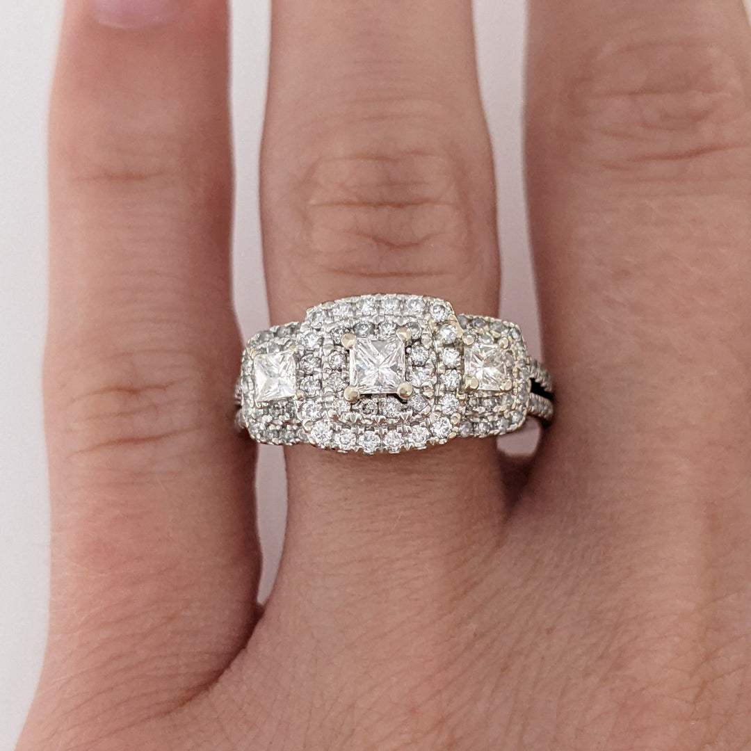 14K WHITE .95 CARAT TOTAL WEIGHT SI2 H DIAMOND PRINCESS CUT (3) ROUND (89) TRINITY HALO ESTATE RING 4.5 GRAMS