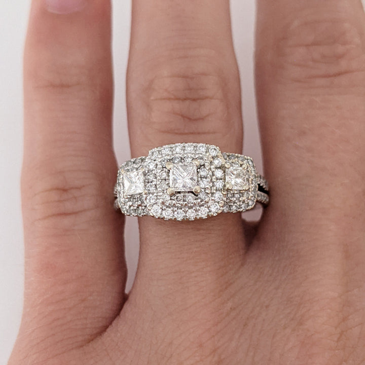14K WHITE .95 CARAT TOTAL WEIGHT SI2 H DIAMOND PRINCESS CUT (3) ROUND (89) TRINITY HALO ESTATE RING 4.5 GRAMS