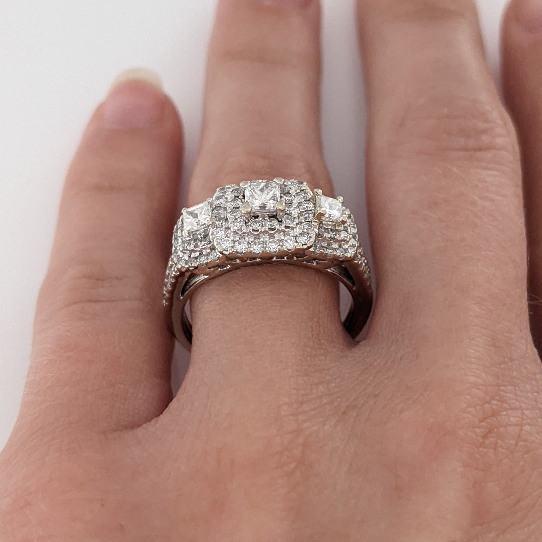 14K WHITE .95 CARAT TOTAL WEIGHT SI2 H DIAMOND PRINCESS CUT (3) ROUND (89) TRINITY HALO ESTATE RING 4.5 GRAMS