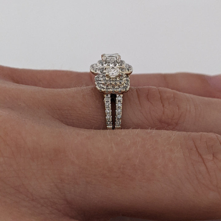 14K WHITE .95 CARAT TOTAL WEIGHT SI2 H DIAMOND PRINCESS CUT (3) ROUND (89) TRINITY HALO ESTATE RING 4.5 GRAMS