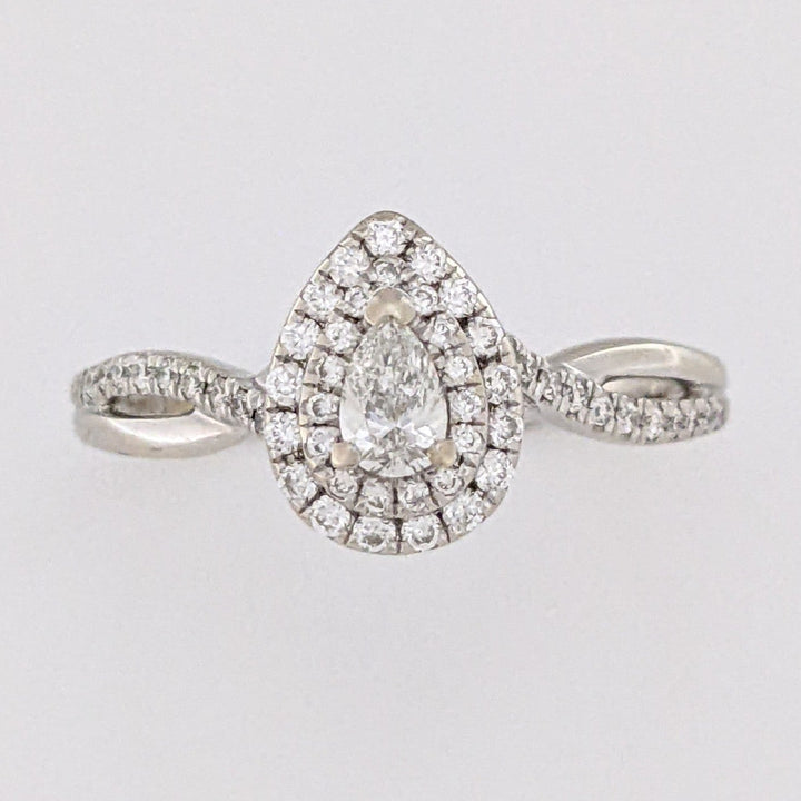 14K WHITE .66 CARAT TOTAL WEIGHT SI1 H DIAMOND PEAR (1) ROUND (54) DOUBLE HALO ESTATE RING 3.0 GRAMS
