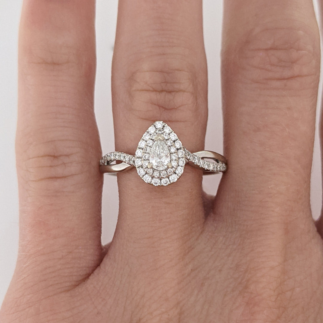 14K WHITE .66 CARAT TOTAL WEIGHT SI1 H DIAMOND PEAR (1) ROUND (54) DOUBLE HALO ESTATE RING 3.0 GRAMS