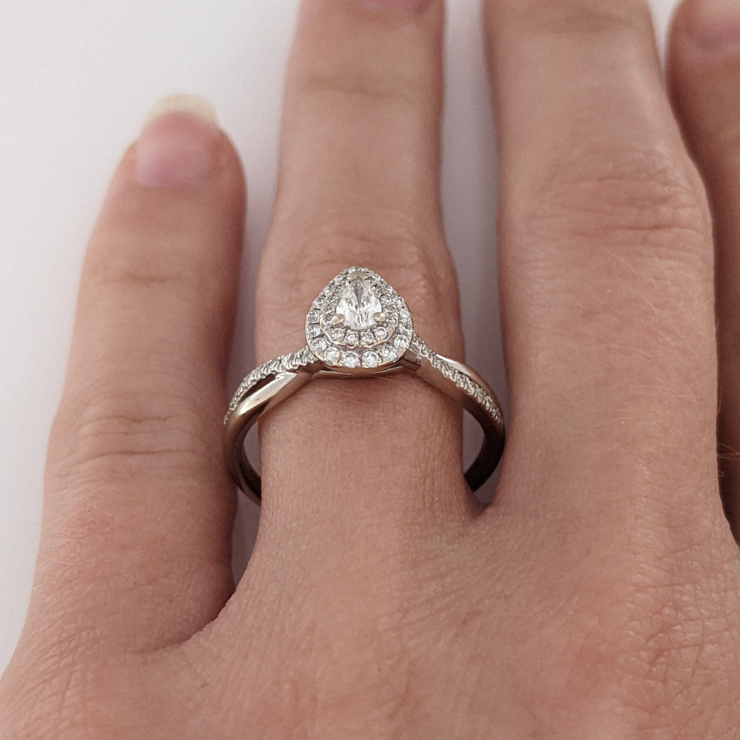 14K WHITE .66 CARAT TOTAL WEIGHT SI1 H DIAMOND PEAR (1) ROUND (54) DOUBLE HALO ESTATE RING 3.0 GRAMS