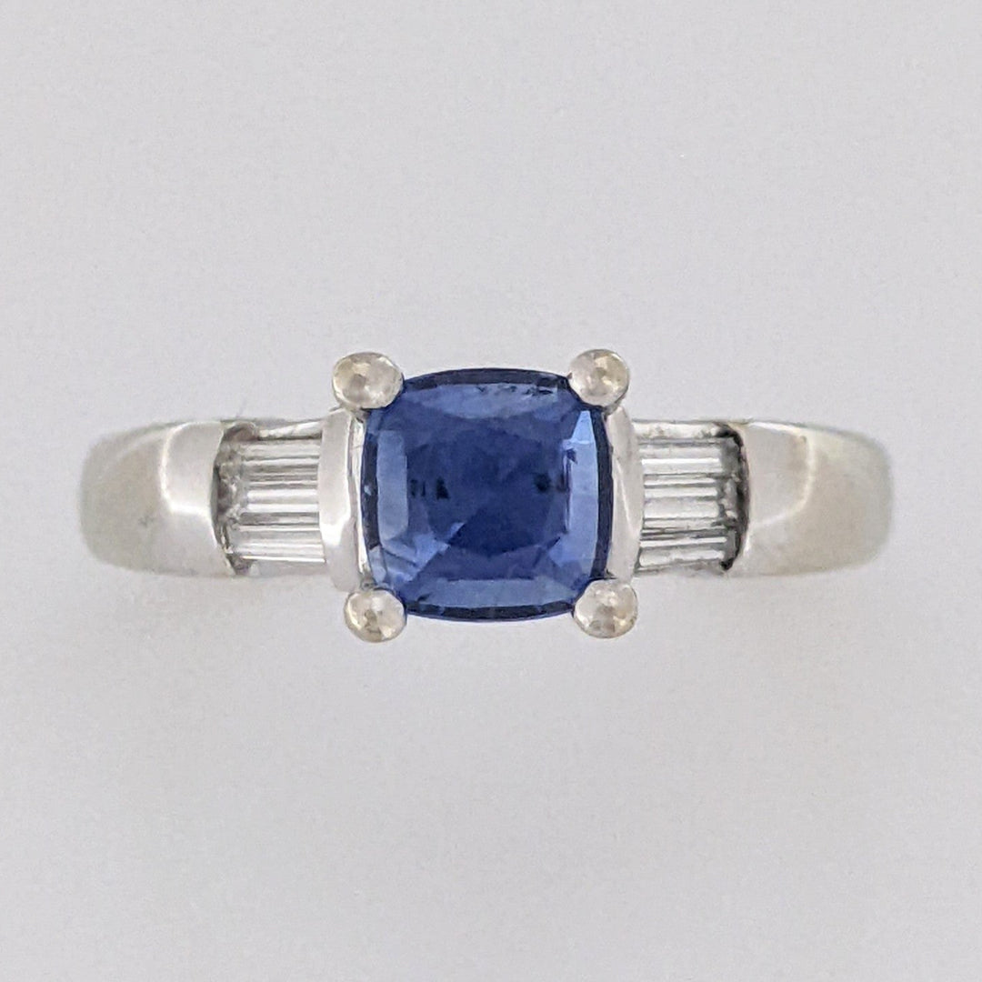 14K WHITE CEYLON SAPPHIRE 5.5MM CUSHION WITH .20 DIAMOND TOTAL WEIGHT BAGUETTE (6) ESTATE RING 4.7 GRAMS