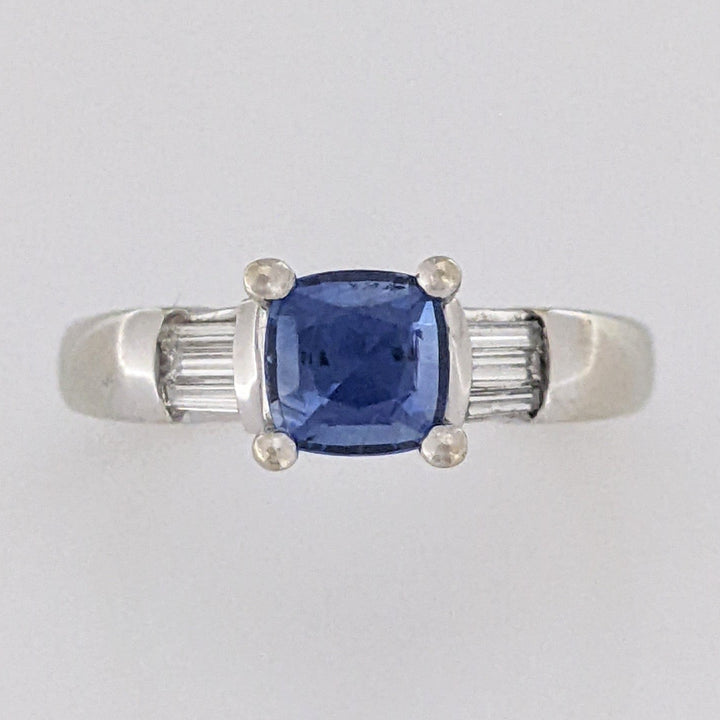 14K WHITE CEYLON SAPPHIRE 5.5MM CUSHION WITH .20 DIAMOND TOTAL WEIGHT BAGUETTE (6) ESTATE RING 4.7 GRAMS