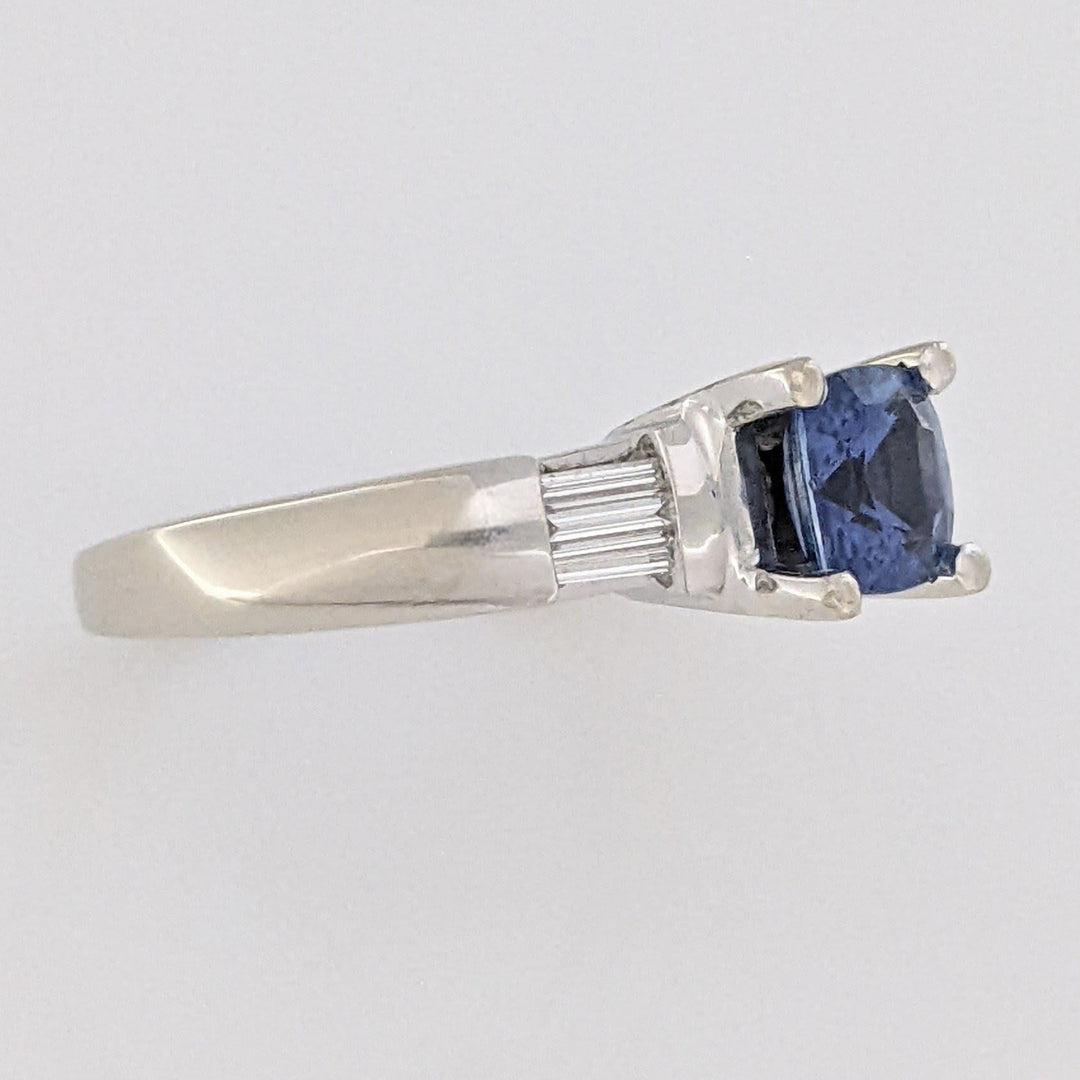 14K WHITE CEYLON SAPPHIRE 5.5MM CUSHION WITH .20 DIAMOND TOTAL WEIGHT BAGUETTE (6) ESTATE RING 4.7 GRAMS