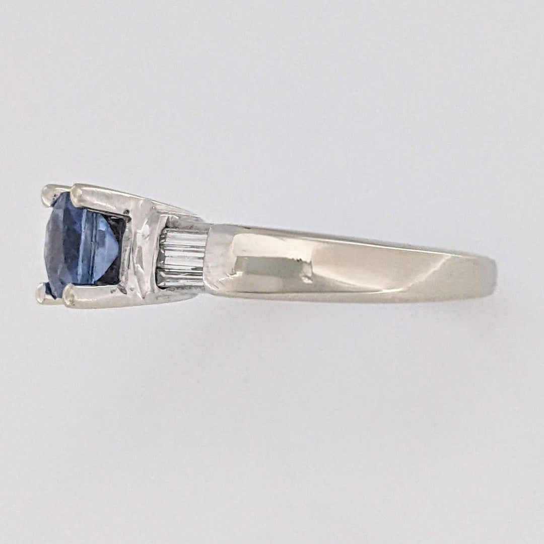 14K WHITE CEYLON SAPPHIRE 5.5MM CUSHION WITH .20 DIAMOND TOTAL WEIGHT BAGUETTE (6) ESTATE RING 4.7 GRAMS