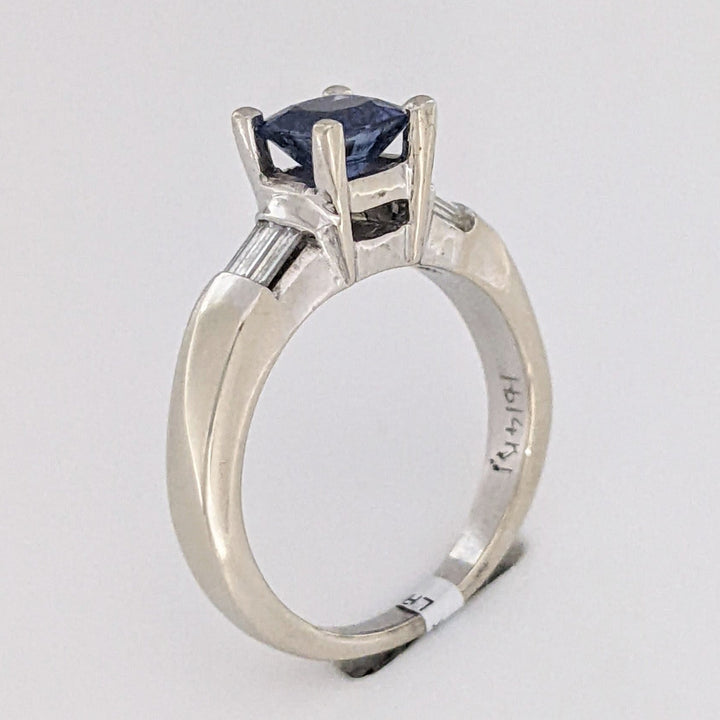 14K WHITE CEYLON SAPPHIRE 5.5MM CUSHION WITH .20 DIAMOND TOTAL WEIGHT BAGUETTE (6) ESTATE RING 4.7 GRAMS