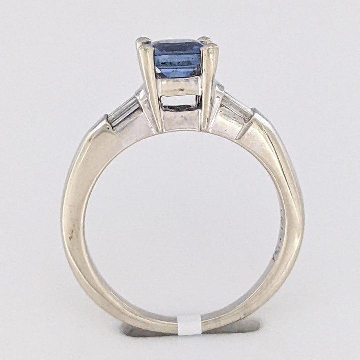 14K WHITE CEYLON SAPPHIRE 5.5MM CUSHION WITH .20 DIAMOND TOTAL WEIGHT BAGUETTE (6) ESTATE RING 4.7 GRAMS