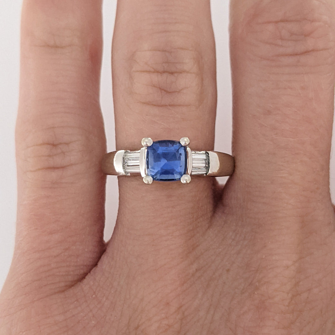 14K WHITE CEYLON SAPPHIRE 5.5MM CUSHION WITH .20 DIAMOND TOTAL WEIGHT BAGUETTE (6) ESTATE RING 4.7 GRAMS