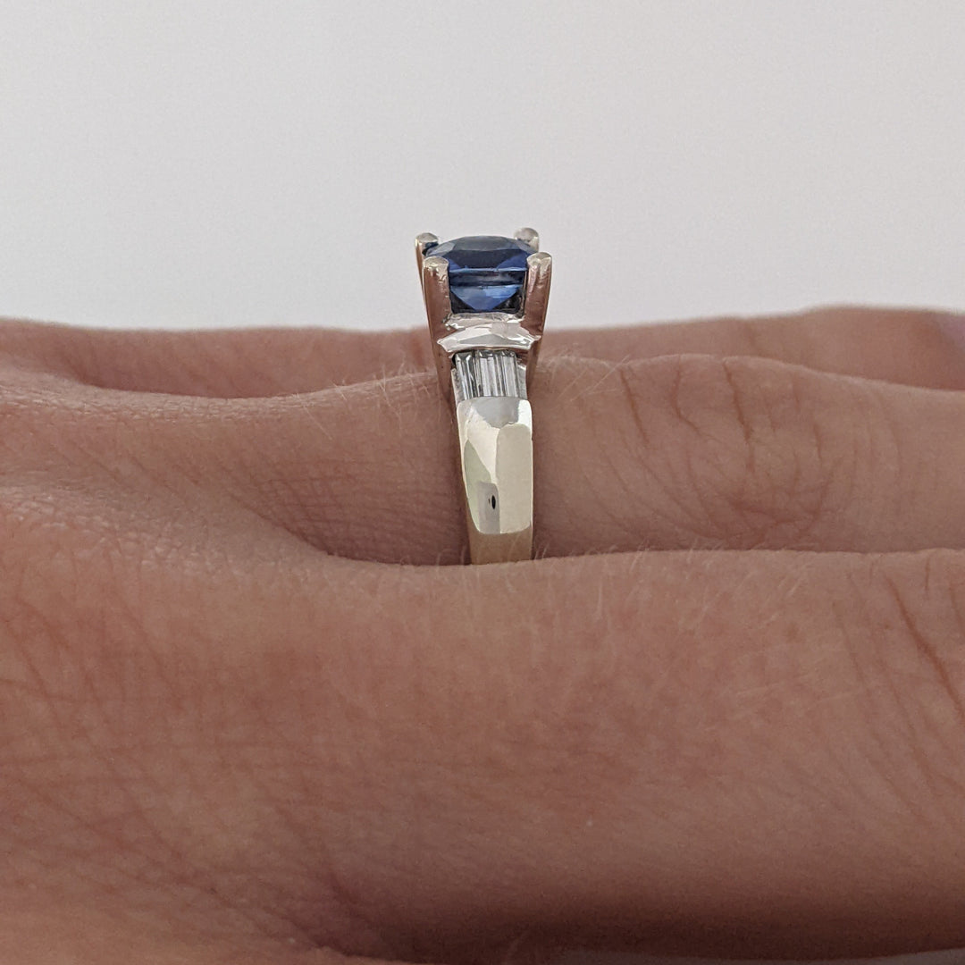 14K WHITE CEYLON SAPPHIRE 5.5MM CUSHION WITH .20 DIAMOND TOTAL WEIGHT BAGUETTE (6) ESTATE RING 4.7 GRAMS