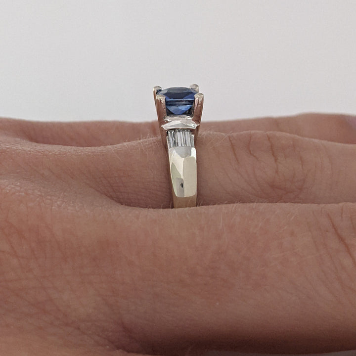 14K WHITE CEYLON SAPPHIRE 5.5MM CUSHION WITH .20 DIAMOND TOTAL WEIGHT BAGUETTE (6) ESTATE RING 4.7 GRAMS