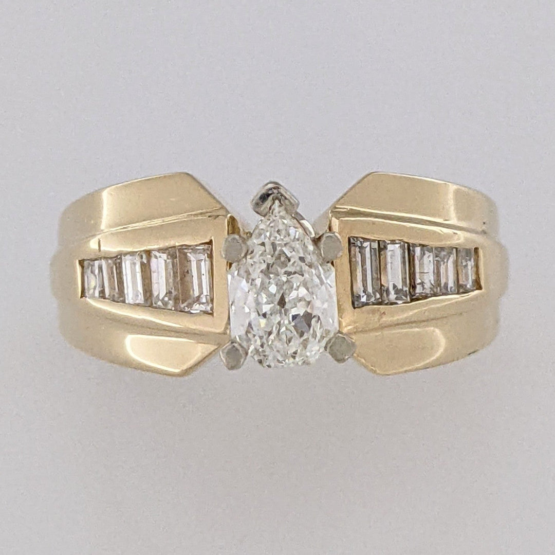14K .97 CARAT TOTAL WEIGHT SI1 I DIAMOND PEAR (1) BAGUETTE (10) ESTATE RING 6.1 GRAMS
