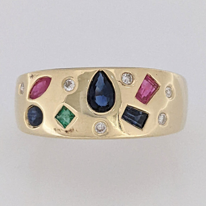 14K SAPPHIRE, RUBY, EMERALD WITH (6) MELEE FLUSH SET ESTATE BAND 4.9 GRAMS
