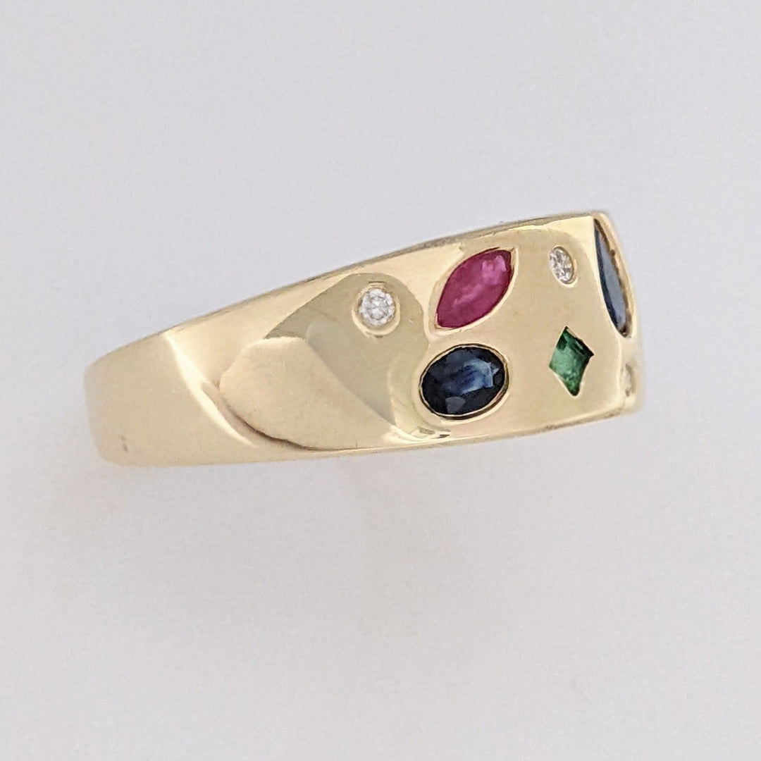14K SAPPHIRE, RUBY, EMERALD WITH (6) MELEE FLUSH SET ESTATE BAND 4.9 GRAMS