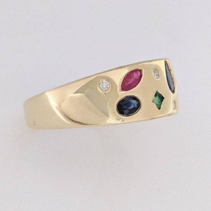 14K SAPPHIRE, RUBY, EMERALD WITH (6) MELEE FLUSH SET ESTATE BAND 4.9 GRAMS