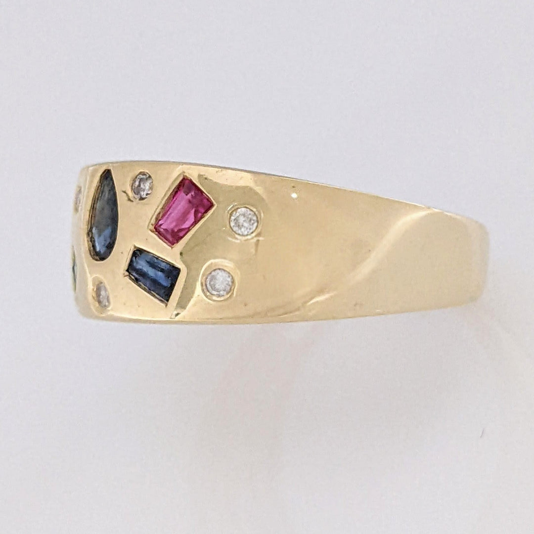 14K SAPPHIRE, RUBY, EMERALD WITH (6) MELEE FLUSH SET ESTATE BAND 4.9 GRAMS