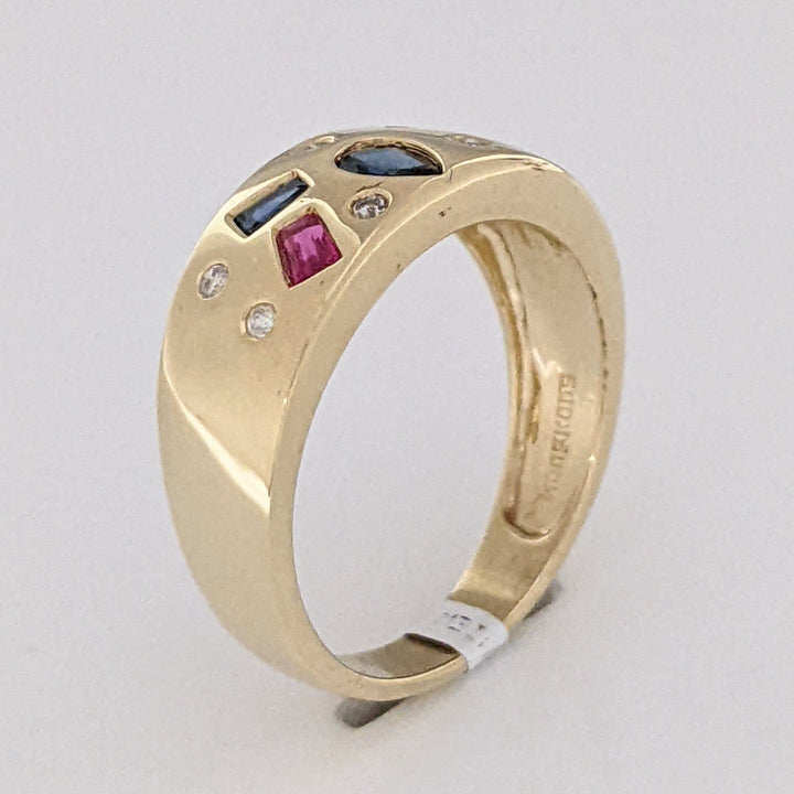 14K SAPPHIRE, RUBY, EMERALD WITH (6) MELEE FLUSH SET ESTATE BAND 4.9 GRAMS