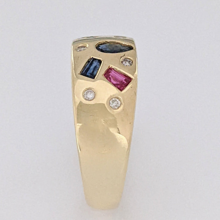 14K SAPPHIRE, RUBY, EMERALD WITH (6) MELEE FLUSH SET ESTATE BAND 4.9 GRAMS