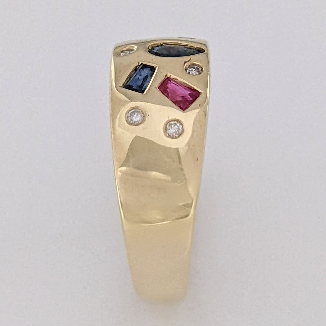 14K SAPPHIRE, RUBY, EMERALD WITH (6) MELEE FLUSH SET ESTATE BAND 4.9 GRAMS