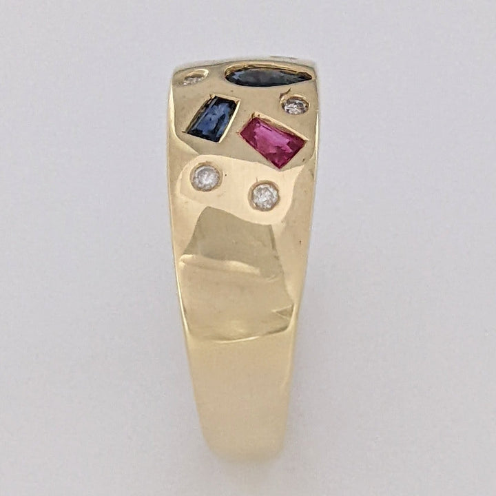 14K SAPPHIRE, RUBY, EMERALD WITH (6) MELEE FLUSH SET ESTATE BAND 4.9 GRAMS