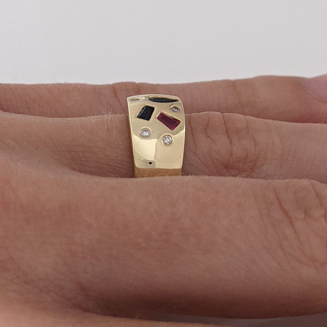14K SAPPHIRE, RUBY, EMERALD WITH (6) MELEE FLUSH SET ESTATE BAND 4.9 GRAMS