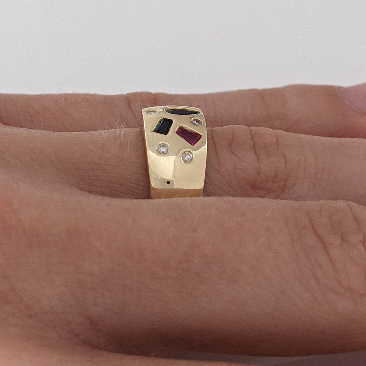 14K SAPPHIRE, RUBY, EMERALD WITH (6) MELEE FLUSH SET ESTATE BAND 4.9 GRAMS