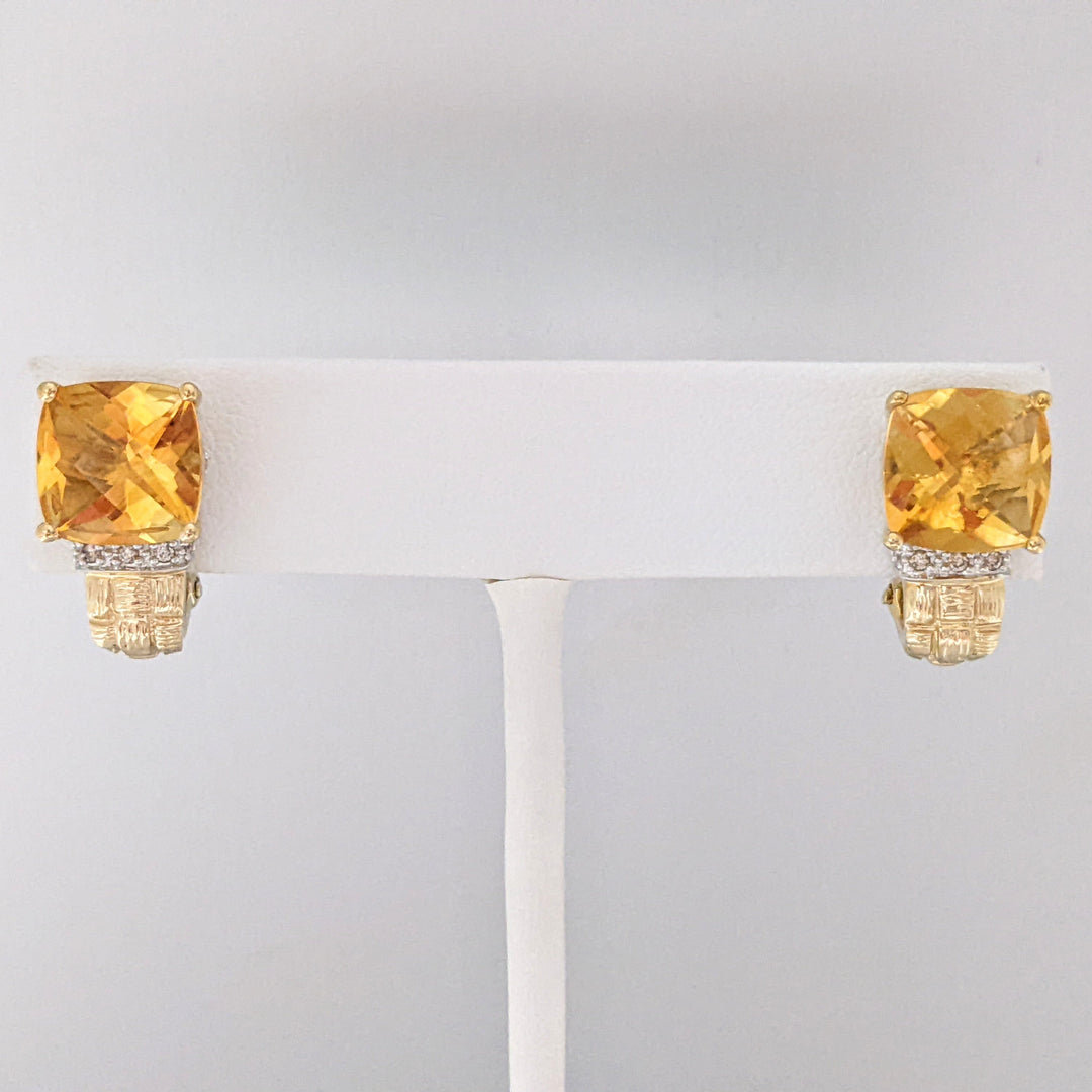 14K CITRINE CUSHION CUT 10MM WITH MELEE OMEGA ESTATE EARRINGS 6.8 GRAMS