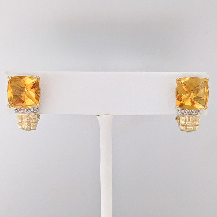 14K CITRINE CUSHION CUT 10MM WITH MELEE OMEGA ESTATE EARRINGS 6.8 GRAMS