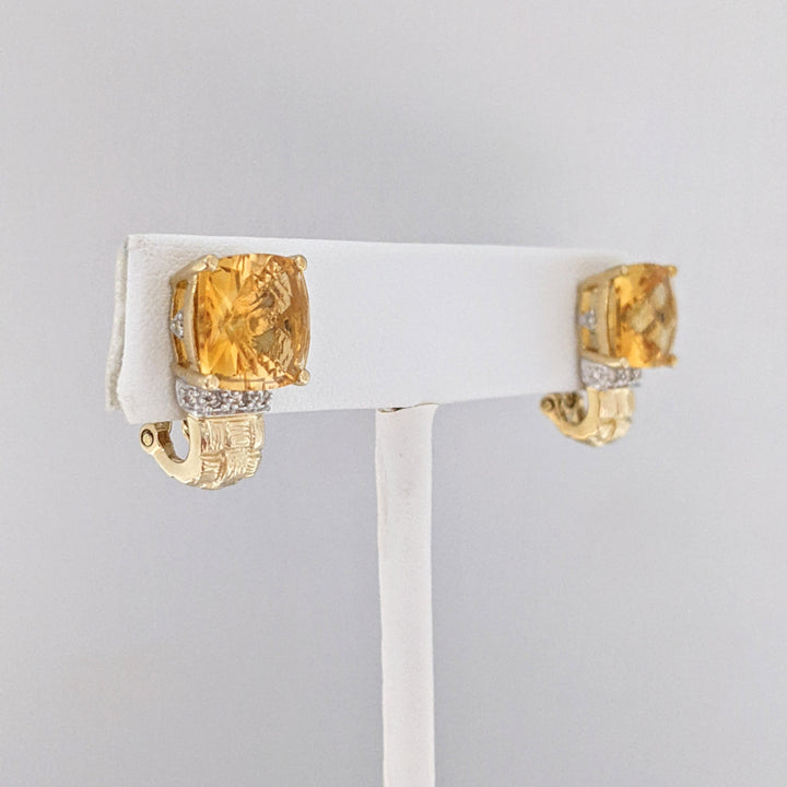 14K CITRINE CUSHION CUT 10MM WITH MELEE OMEGA ESTATE EARRINGS 6.8 GRAMS