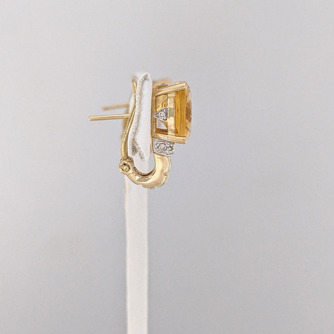 14K CITRINE CUSHION CUT 10MM WITH MELEE OMEGA ESTATE EARRINGS 6.8 GRAMS