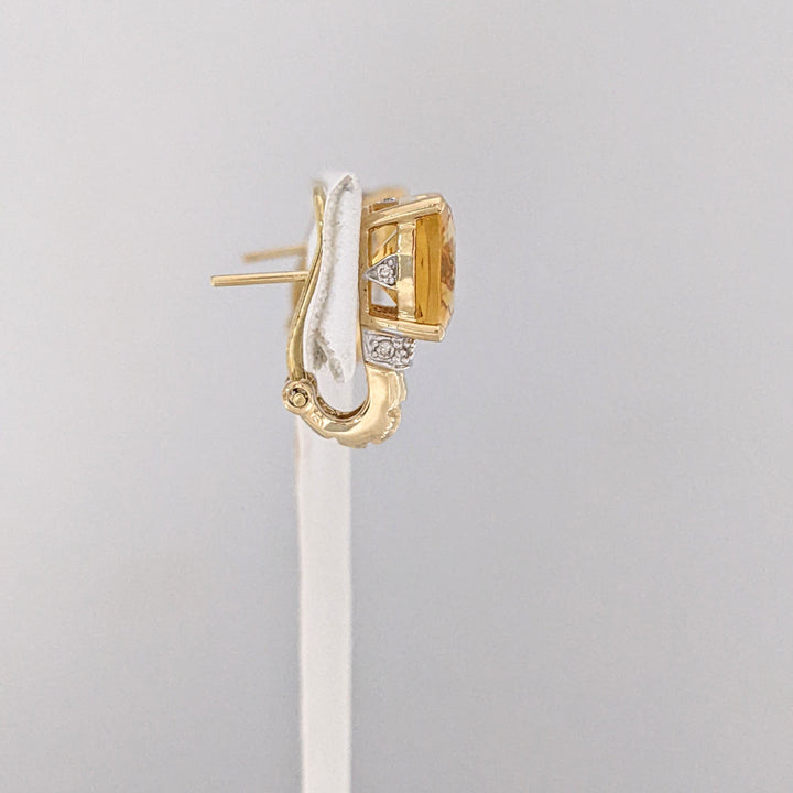 14K CITRINE CUSHION CUT 10MM WITH MELEE OMEGA ESTATE EARRINGS 6.8 GRAMS
