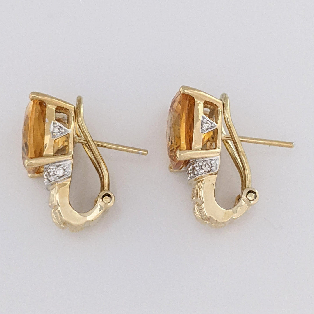 14K CITRINE CUSHION CUT 10MM WITH MELEE OMEGA ESTATE EARRINGS 6.8 GRAMS