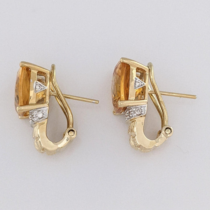 14K CITRINE CUSHION CUT 10MM WITH MELEE OMEGA ESTATE EARRINGS 6.8 GRAMS