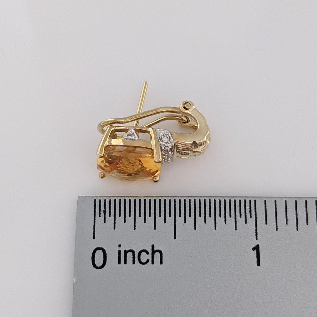 14K CITRINE CUSHION CUT 10MM WITH MELEE OMEGA ESTATE EARRINGS 6.8 GRAMS